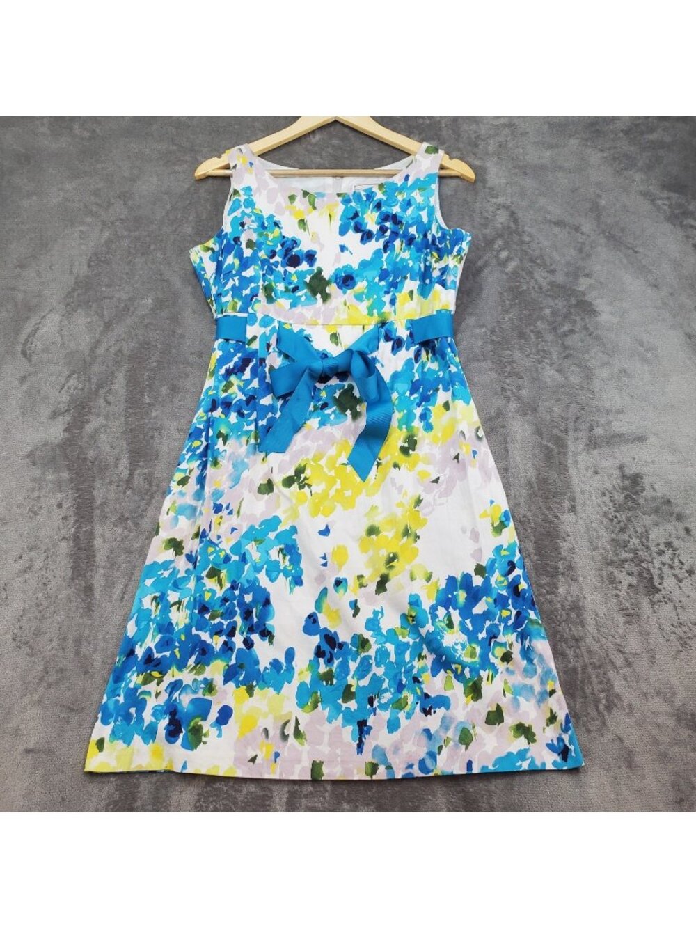 Karin Stevens Blue White Print Dress Sz 10 Tea Party Wedding Guest Cocktail Bow